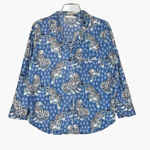 Printfresh Tiger Queen Pajama Top Women Small Blue White Cotton Long‎ Sleeve